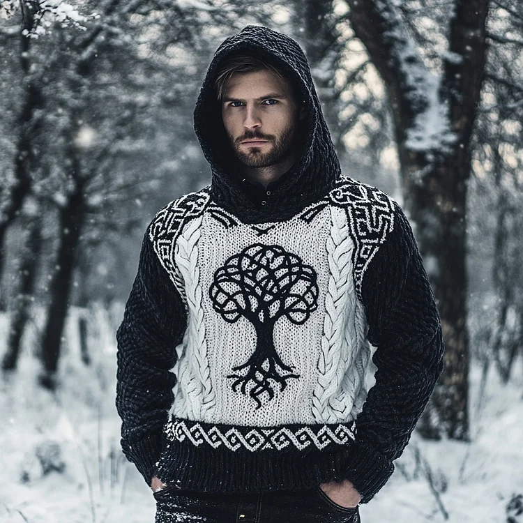 Men's Viking Celtic Tree Of Life Jacquard Hooded Sweater