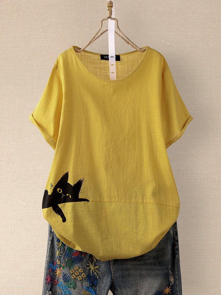 Cat Print O neck Overhead Short Sleeve T Shirt For Women P1704251
