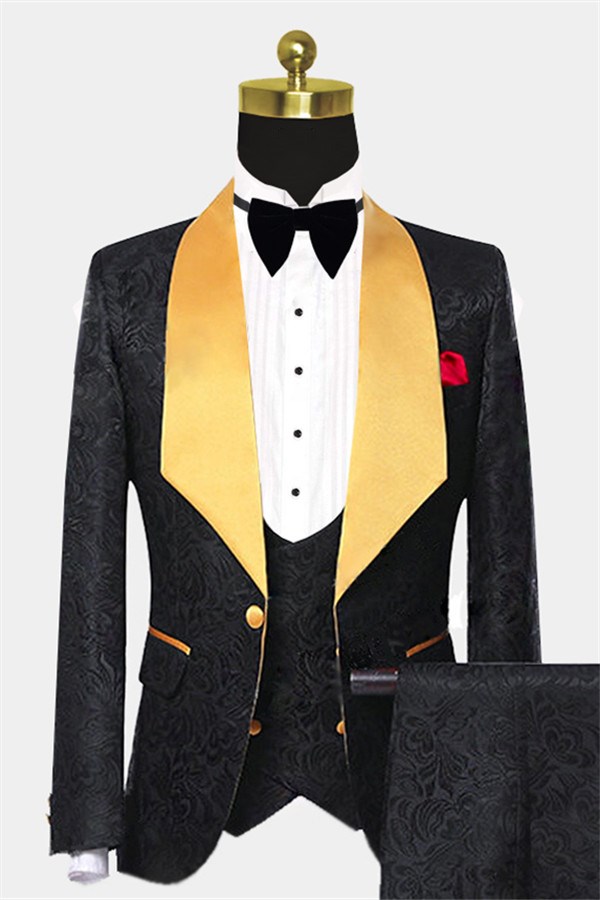 Dresseswow Gold Shawl Lapel Black Jacquard 3 Piece Suit For Men Prom