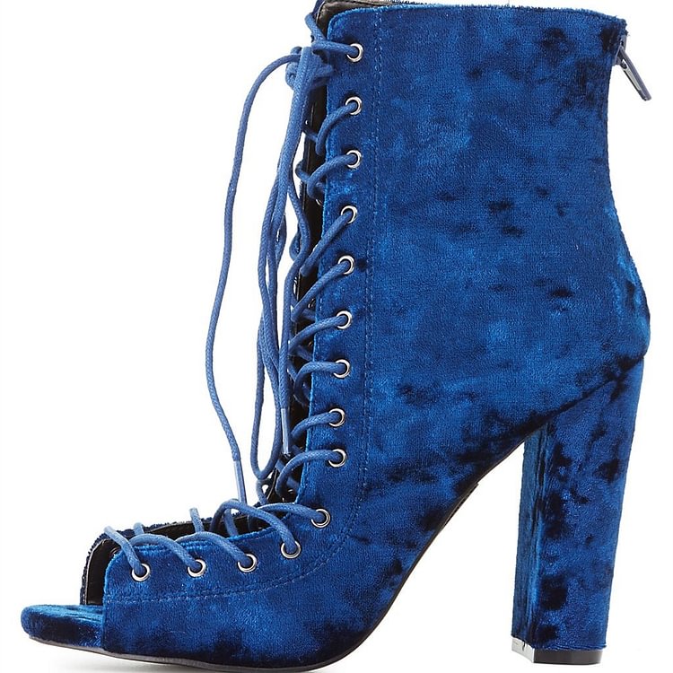 Blue Velvet Lace up Boots Chunky Heel Peep Toe Ankle Booties |FSJ Shoes