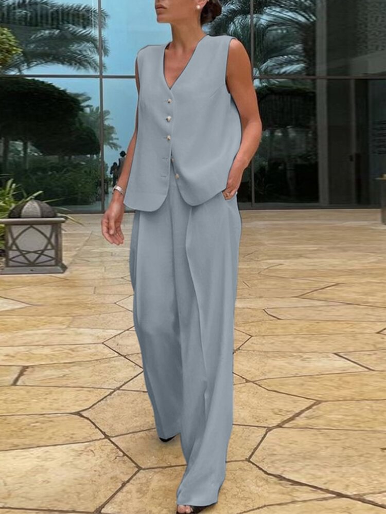 Solid Button Front Pocket Elastic Waist Two Pieces Suit - Life is Beautiful for You - SheChoic