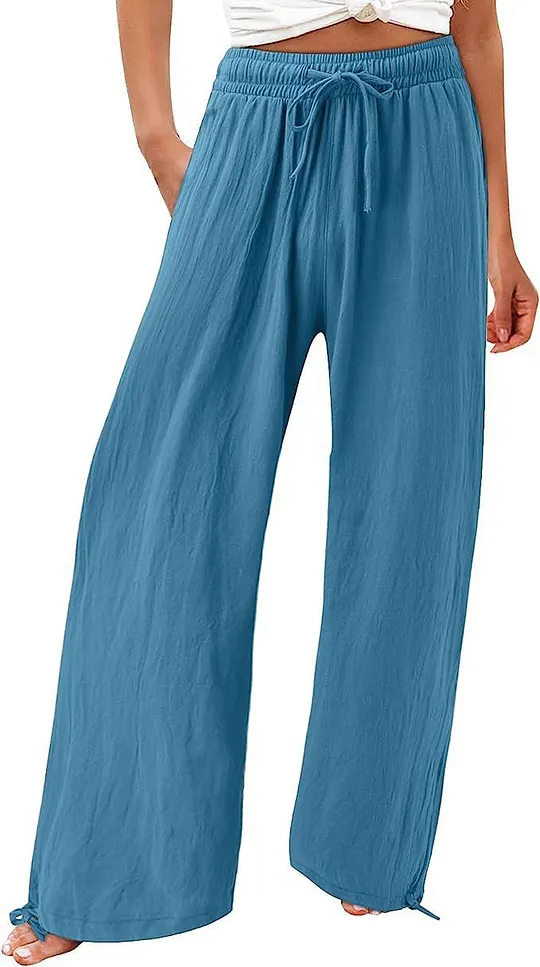 Summer Casual Loose Beach Pants Women's Wide Leg Pure Color Rope Detailing Long Trousers Comfortable Loose Fit Beachwear