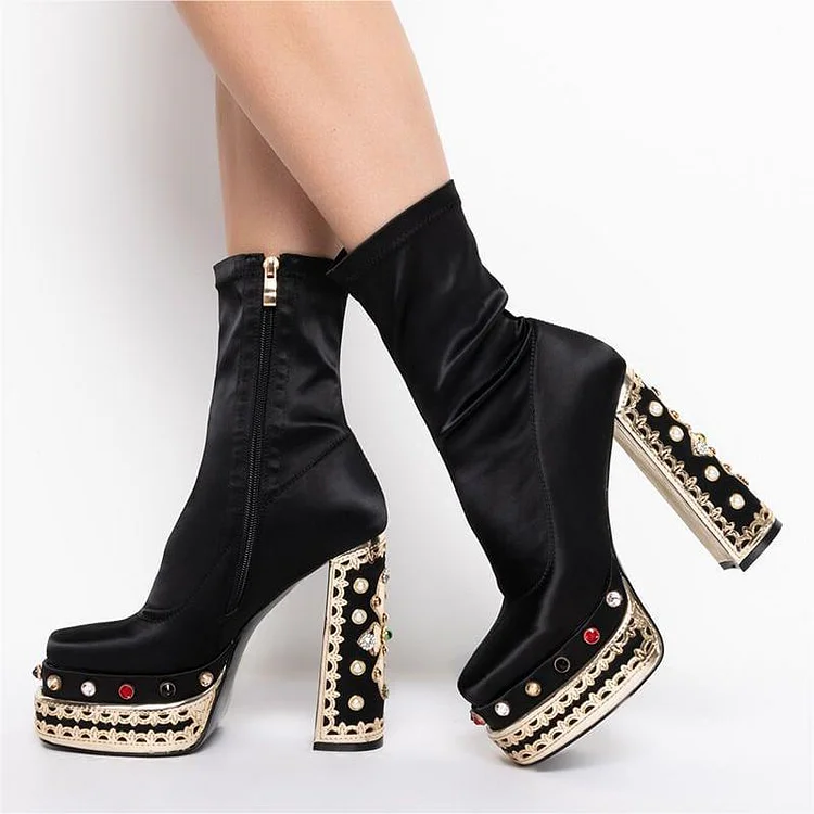 Black Satin Platform Booties Square Toe Gem Chunky Heel Sock Boots |FSJ Shoes