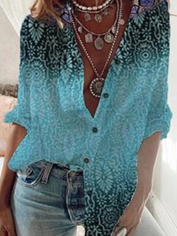 Women Gradient Color Print Button Loose Casual Blouse P1778350