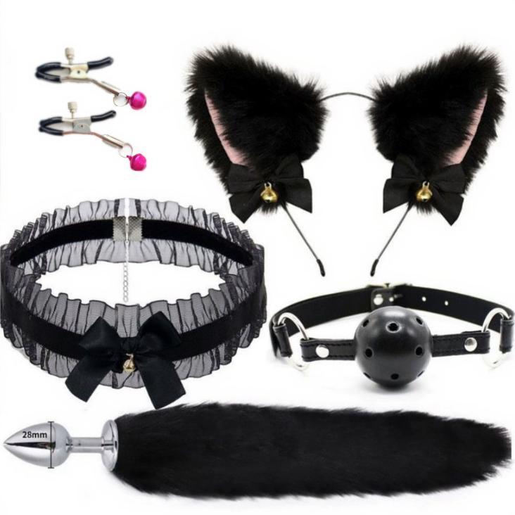 Furpet - Sexy Fox Bdsm Bondage Kit 5 Pcs Foxtail Anal Plug Set Sex Toy Kit With Headband Cat Ear Necklace Nipple Clamps And Gags Adult Toys For Men Women Couples Sex Toys By Rose Toy