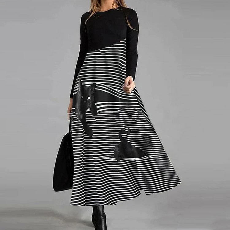 Vefave Casual Contrast Panel Striped Cat Print Maxi Dress