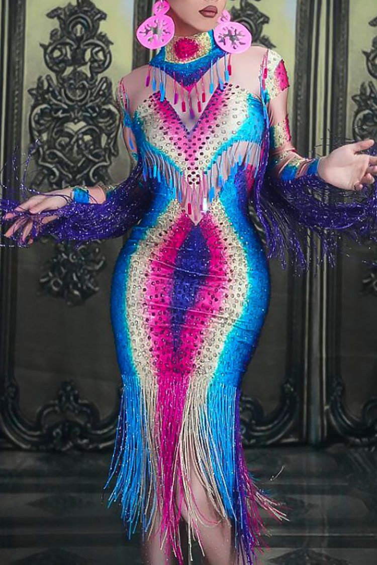 Fringe Rainbow Stripe See-Through High Neck Midi Dress