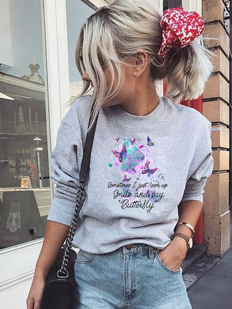 Butterfly Letters Printed Long Sleeve O-neck Sweatshirt For Women