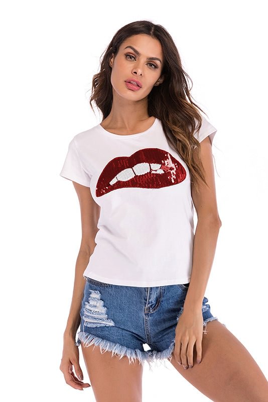 Sexy Lip Sequined Short Sleeve Tee - Shop Trendy Women's Clothing | LoverChic