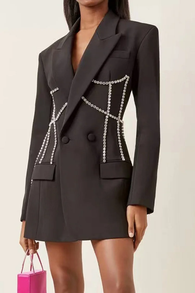 Lapel Double-Breasted Rhinestone Suit Dress-Black