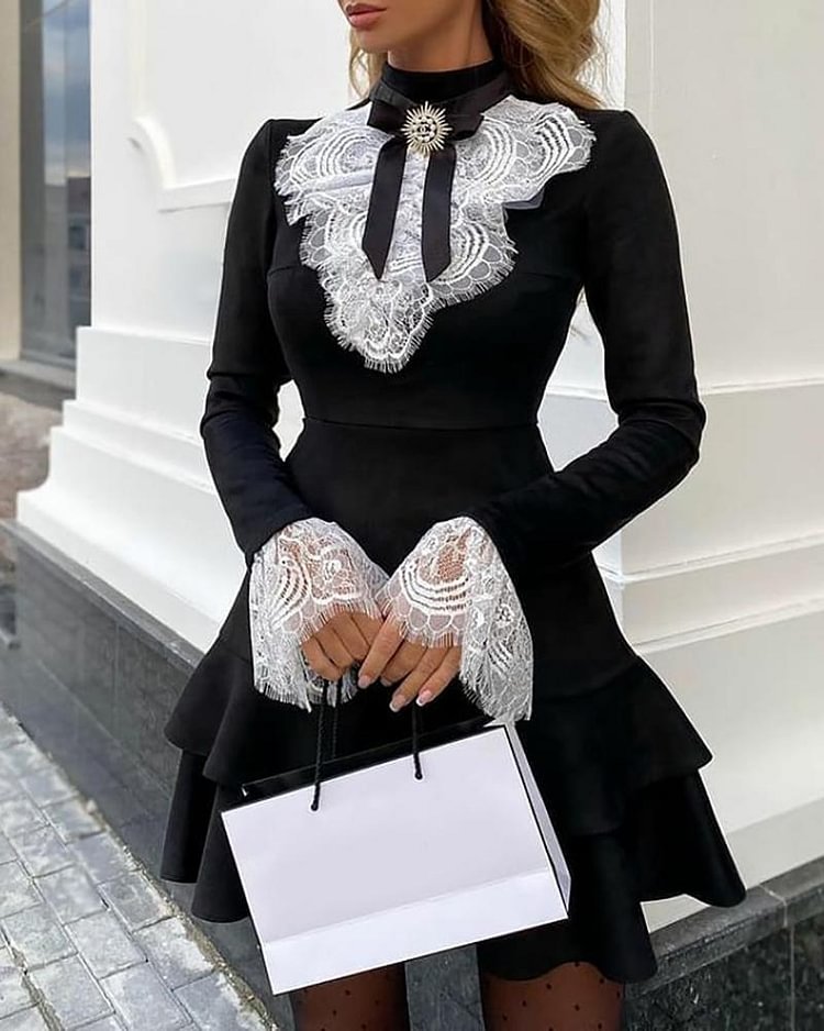Eyelash Lace Bell Sleeve Ruffles Dress P11461