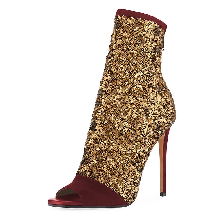 Burgundy and Gold Sequin Boots Peep Toe Stiletto Heel Ankle Boots |FSJ Shoes
