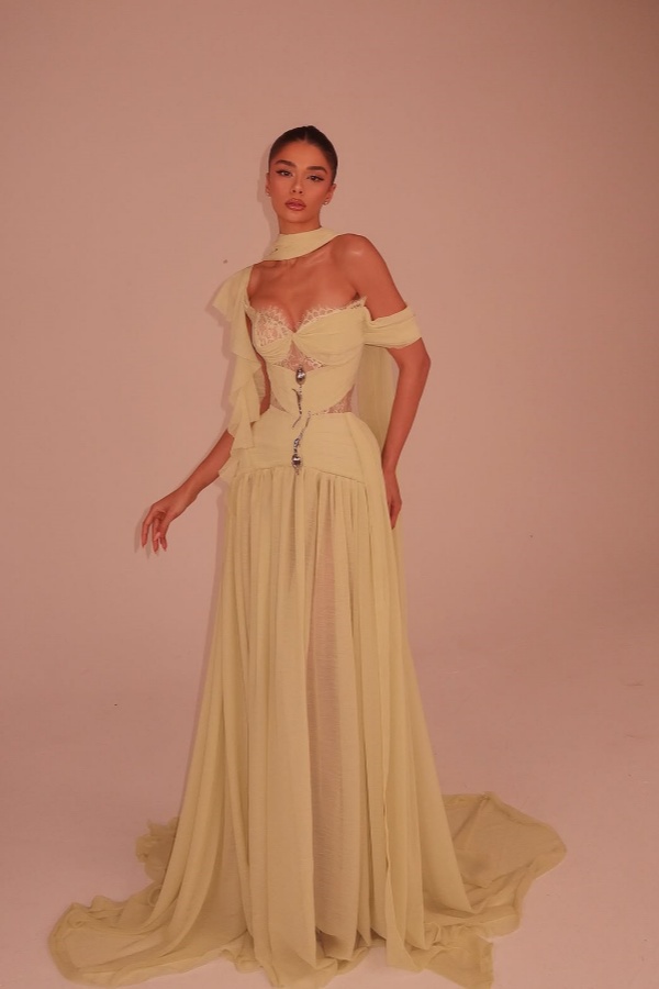 Lussooy Charming Sage Chiffon Off the Shoulder Pleated Lace Prom Dress with Scarf