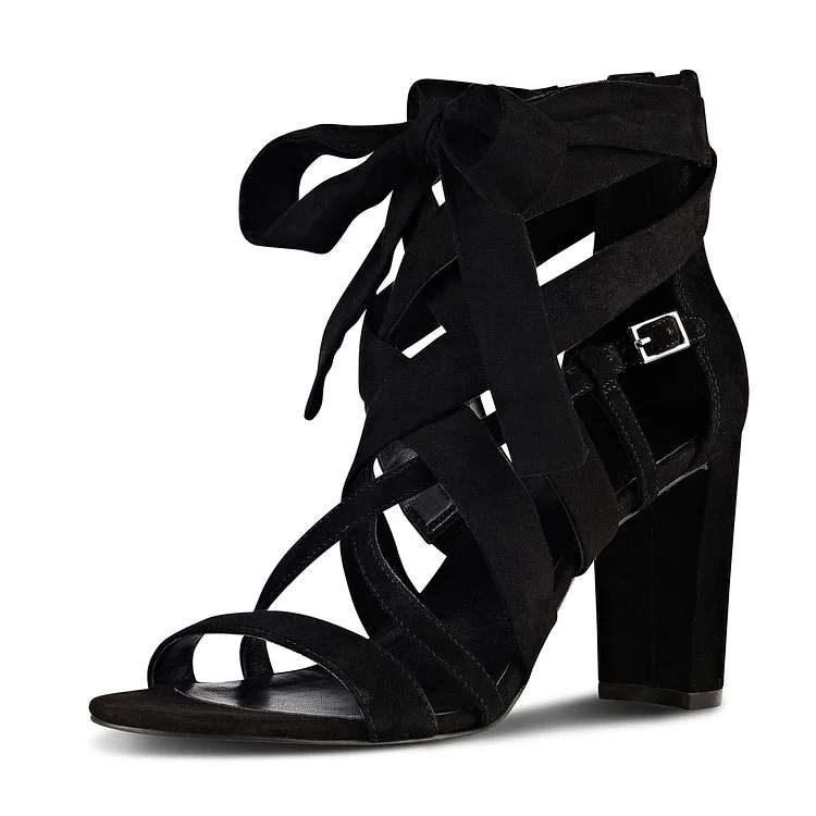 Black Suede Lace-up Block Heel Strappy Sandals Vdcoo