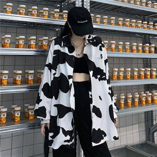 Deeptown Cow Print Women Blouses Korean Style Fashion Spring Button Up Shirt Loose Long Sleeve Women Shirt Leisure Tops New