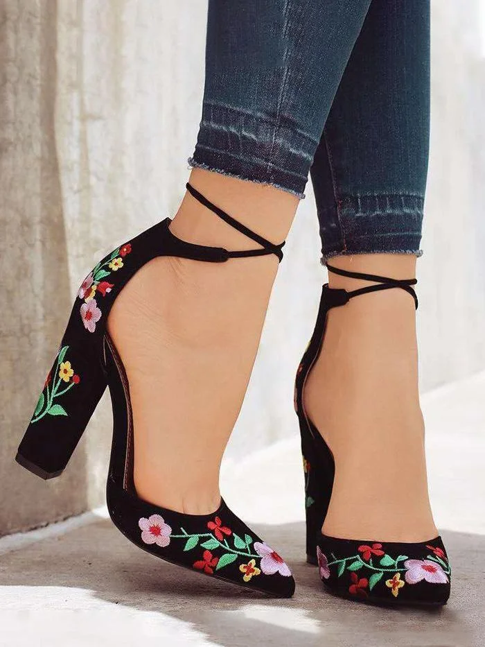 Female Scrub Embroidery Front Tie Thick Heel Pointed Toe Pumps