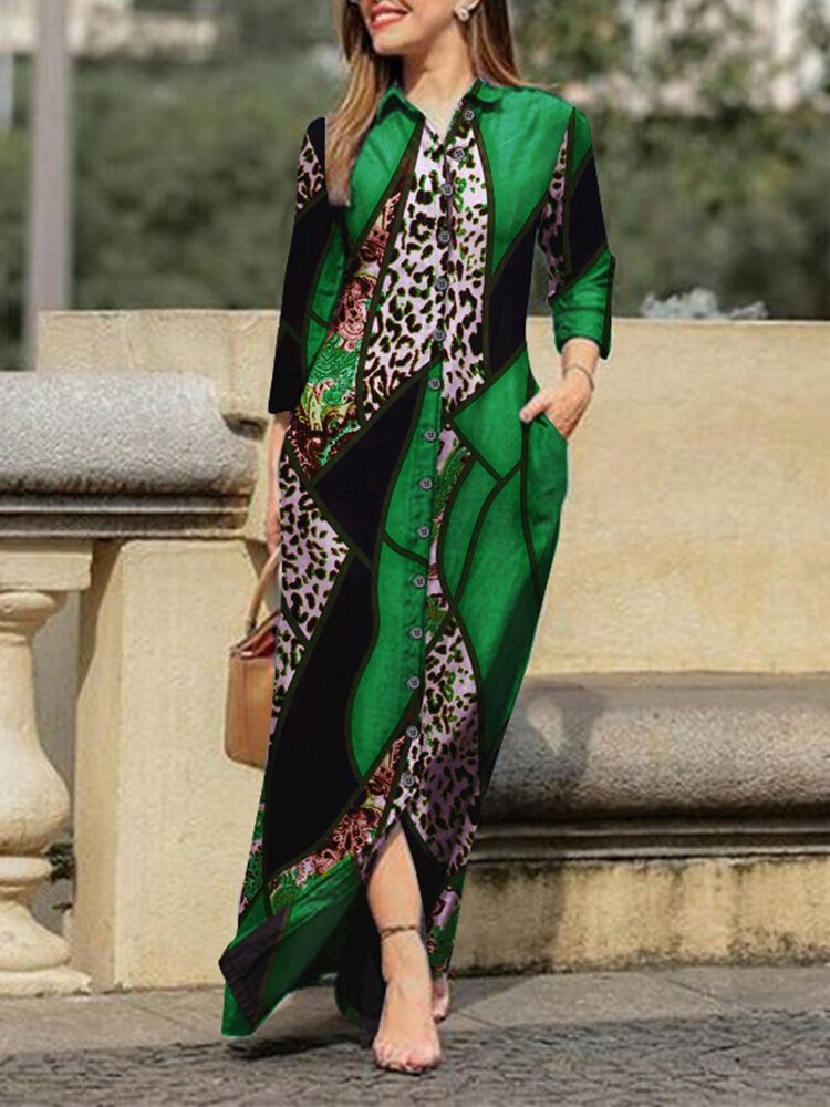 Leopard Contrast Color Pocket Maxi Button Down Shirt Dress