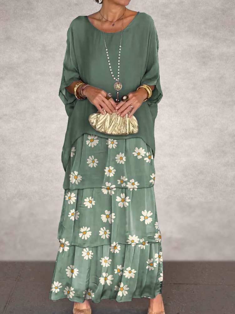 Khaki Floral Print 3/4 Sleeves Tiered Plus Size Long Dress