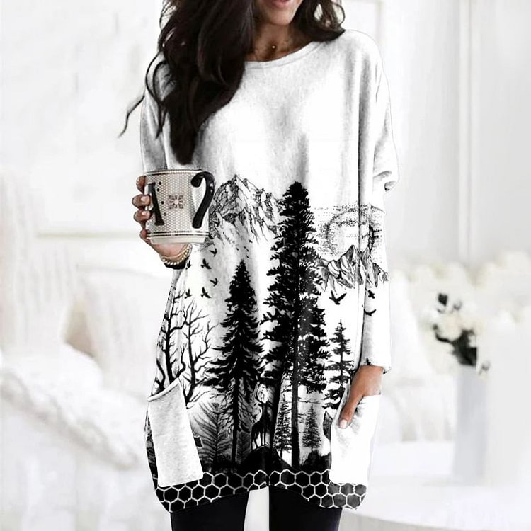 VChics Forest Silhouette Print Long Sleeve Tunic