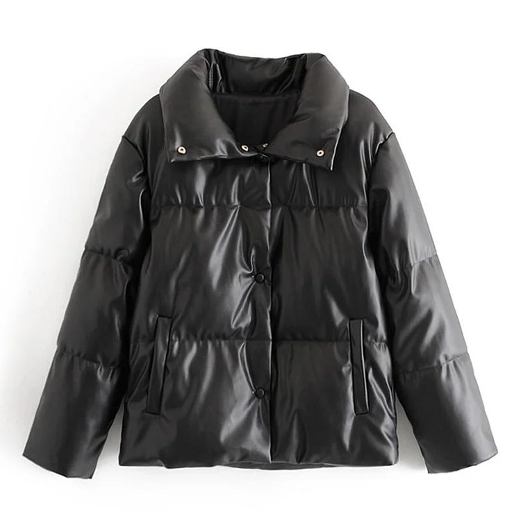 Oversized Solid Color Stand Collar Long Sleeve Faux Leather Parka Coat
