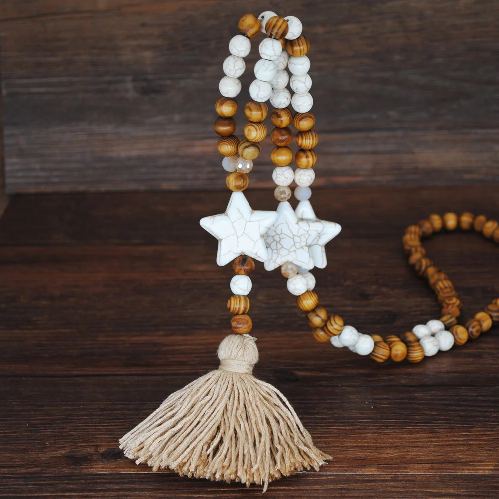 Women's Vintage Boho Wood Beads Tassel Necklace