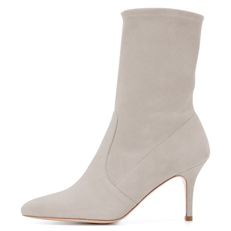 Grey Suede Fashion Boots Pointy Toe Stiletto Heel Ankle Boots |FSJ Shoes