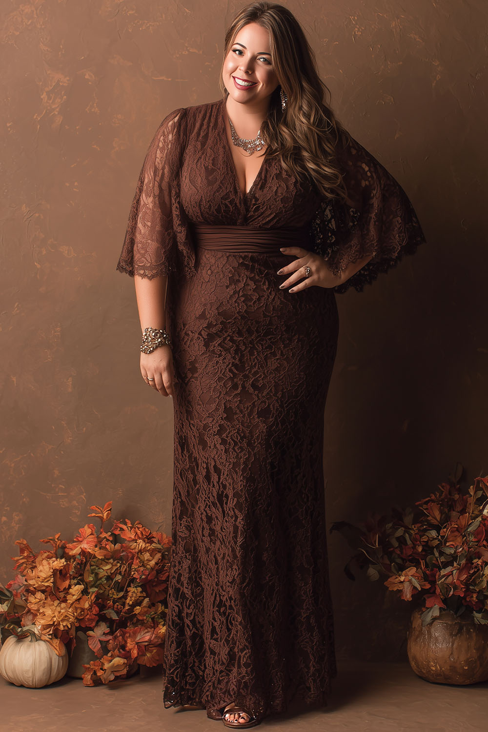Flycurvy Plus Size Formal Coffee Lace Flutter Sleeve Bodycon Maxi Dress- Flycurvy Flycurvy Plus Size Formal Coffee Lace Flutter Sleeve Bodycon Maxi Dress- Flycurvy