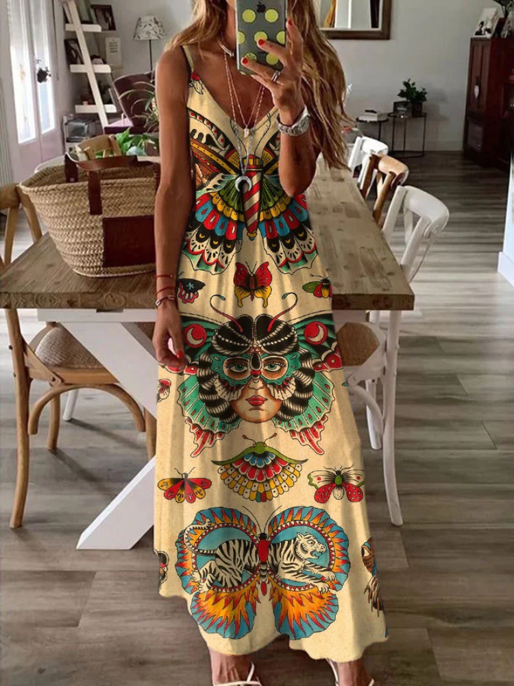 Women'S Old School Tatoo Printed Slip Dress
