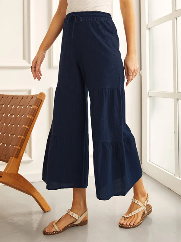 High Waisted Loose Drawstring Elasticity Pleated Solid Color Split-Joint Pants Trousers