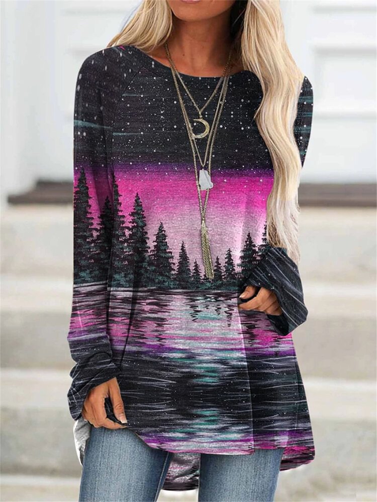 Landscape Print Crew Neck Long Sleeve Blouse For Women P1751155