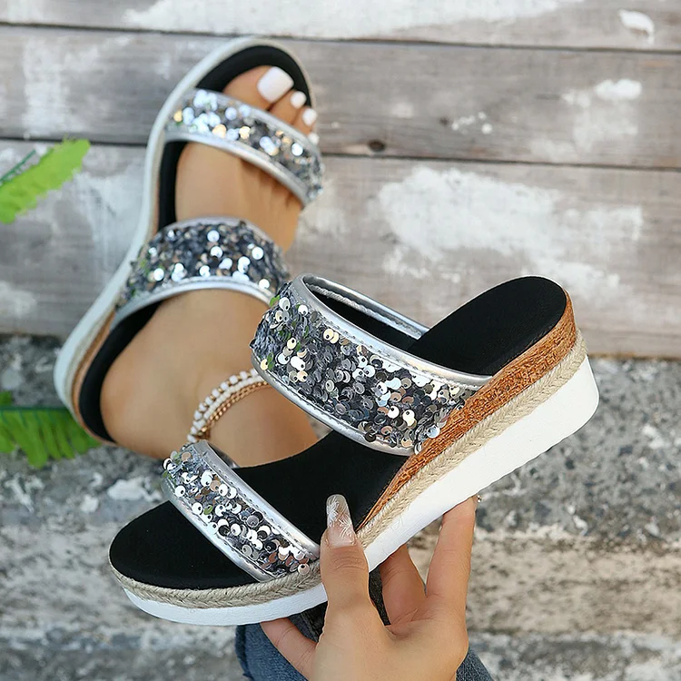 Sequins Round Toe Double Strap Wedge Platform Slippers