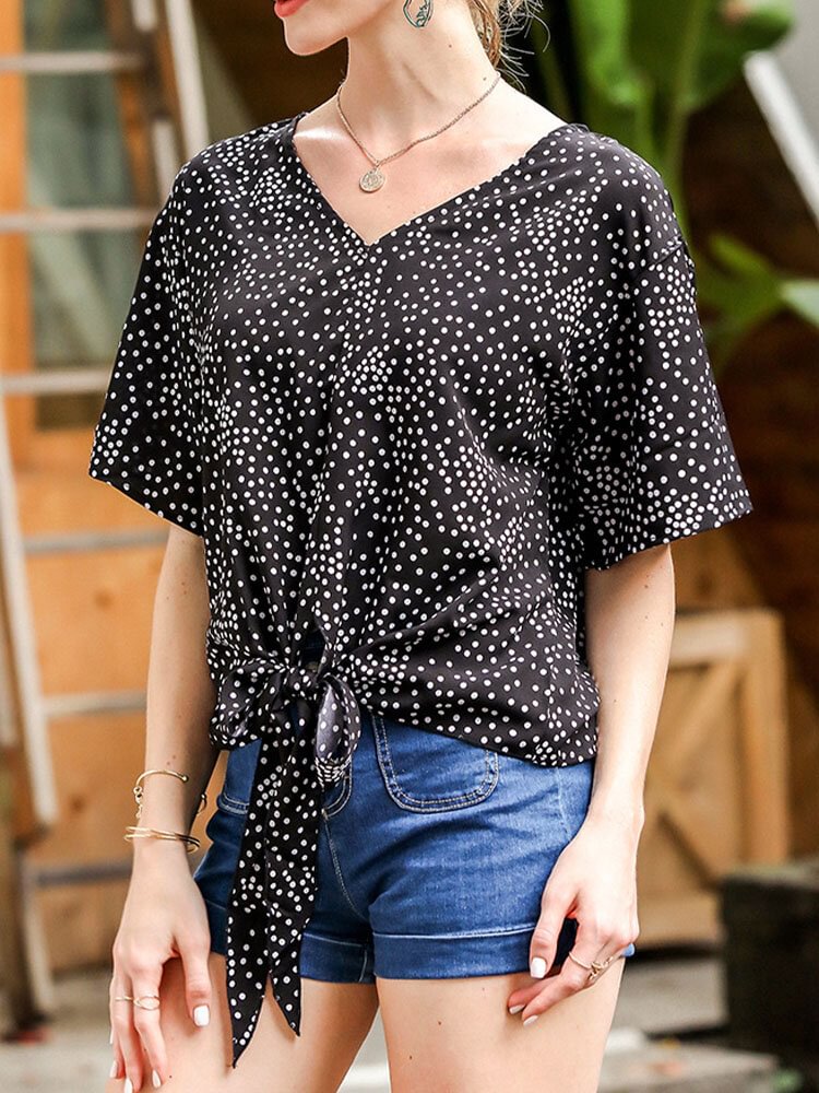 Floral Leopard Dot Print V neck Knotted Half Sleeve Loose T Shirt P1854430