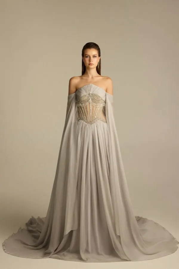 Lussooy Shinning Strapless Silver Chiffon Beading Long Sleeves Pleated Prom Dress
