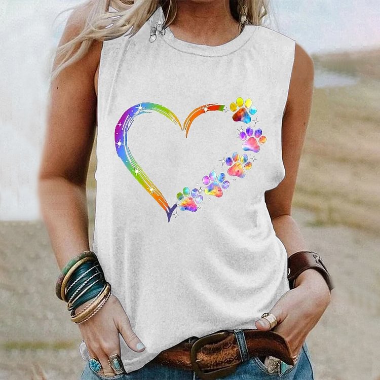 Dog Lover Heart Paw Print Casual Tank Top