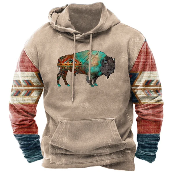 Men's Vintage Western Ethnic Split Print Hoodie Top