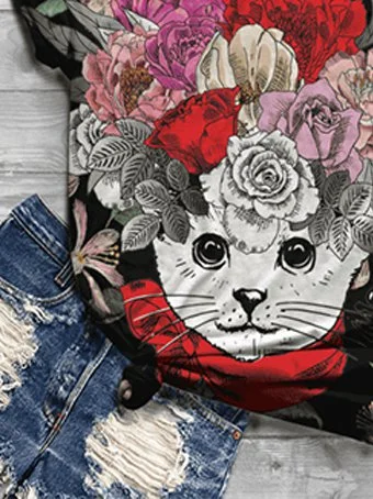 Bestdealfriday Casual Cat Flower Print Short Sleeve Round Neck T-Shirt 9343569
