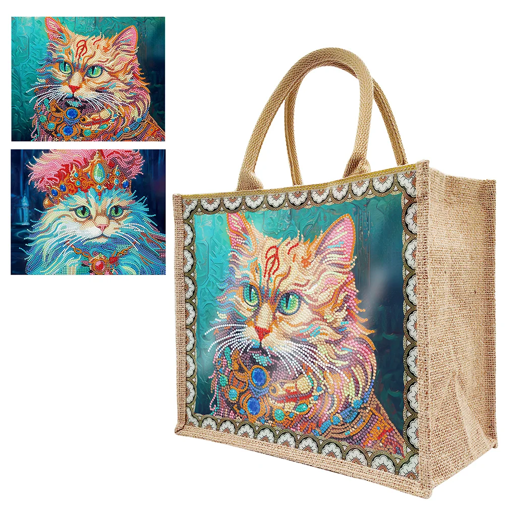 Linen Diamond Painting Tote Bag Replaceable Canvas for Women Adults Craft (Cat)