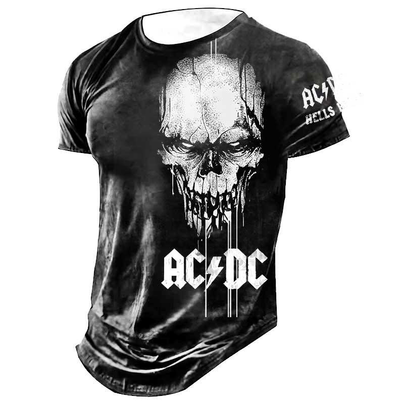 Men's ACDC Rock Band Dark Skull Hells Bells Print Daily Short Sleeve Crew Neck T-Shirt / TECHWEAR CLUB / Techwear