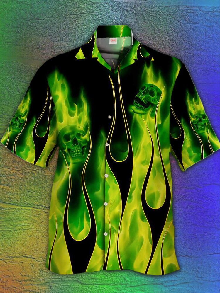 Eye-Catching Psychedelic Green Fire Flame Pattern Printing Cuban