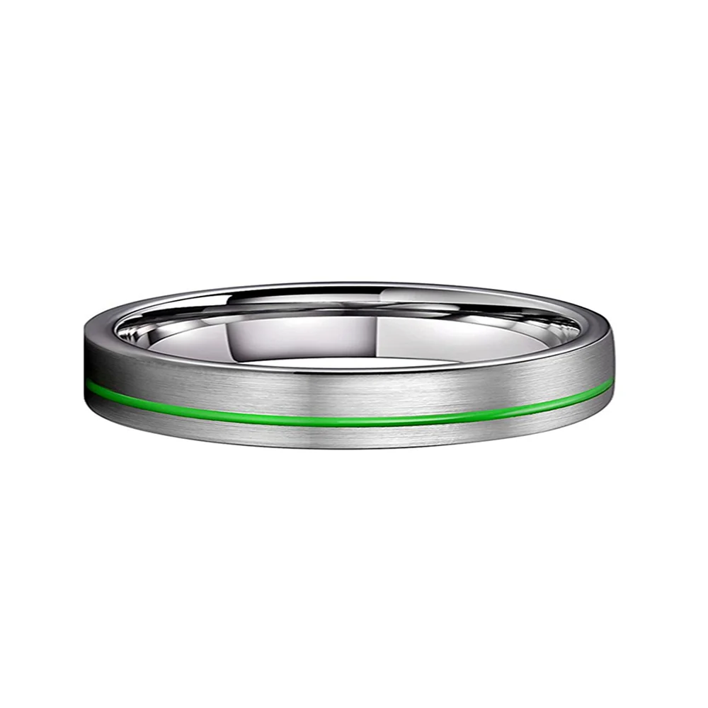 Couples Brushed Flat Tungsten Rings Green Grooved Center Band