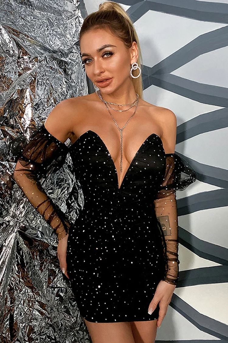 Deep V Neck Off Shoulder Mesh Sequin Dress-Black