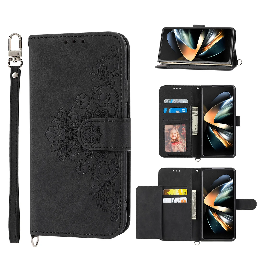 Luxury Crossbody Embossing Leather Phone Case With Phone Stand,card slots and Carry Strap For Galaxy Z Fold3/Fold4