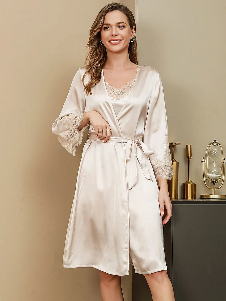 Pure Silk Lace Cuffs Elegant Robe w/Belt (Without Nightgown)