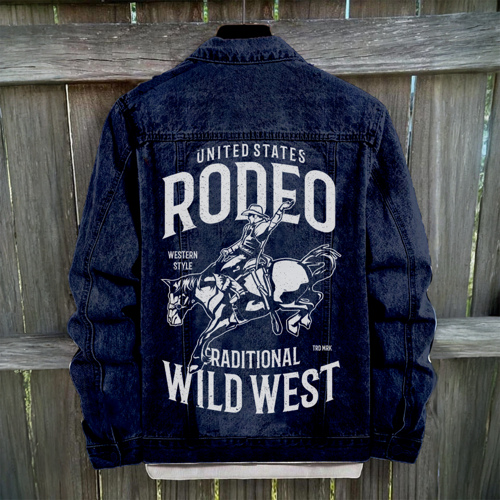 United States Rodeo Wild West Denim Jacket - Western Style Graphic Design for Men