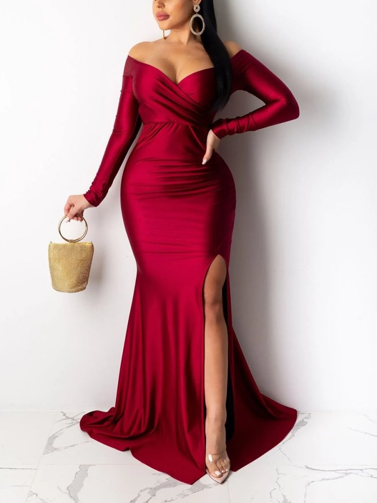 Off Shoulder Ruched Slit Evening Dress P13642