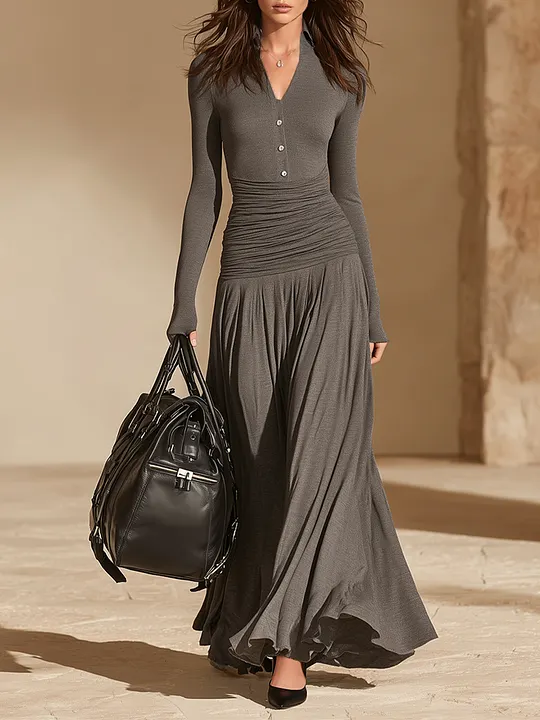 Women's Waist Ruched Solid Knit Elegant Collared V Neck Long Sleeve Maxi Dress MD