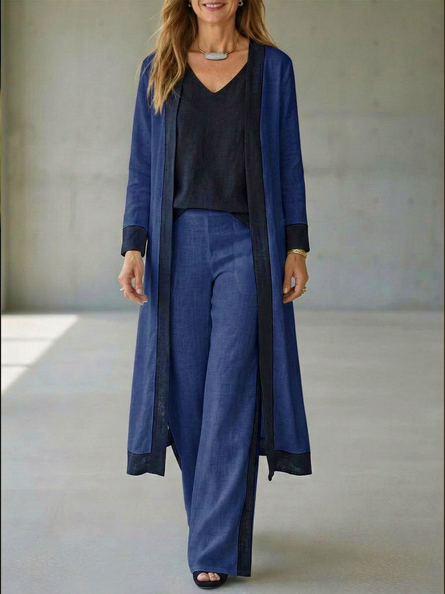 Casual Linen And Cotton Long Cardigan And Sleeveless Top And Trousers Three-piece Set