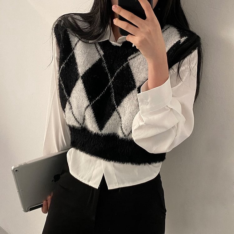 Early Spring New Folded Mink Sweater Vest Diamond Knit Vest + White Shirt Set - BlackFridayBuys