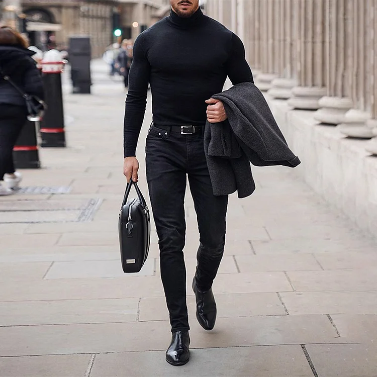 BrosWear Men's Daily Simple Slim-fit Black Turtleneck Sweater