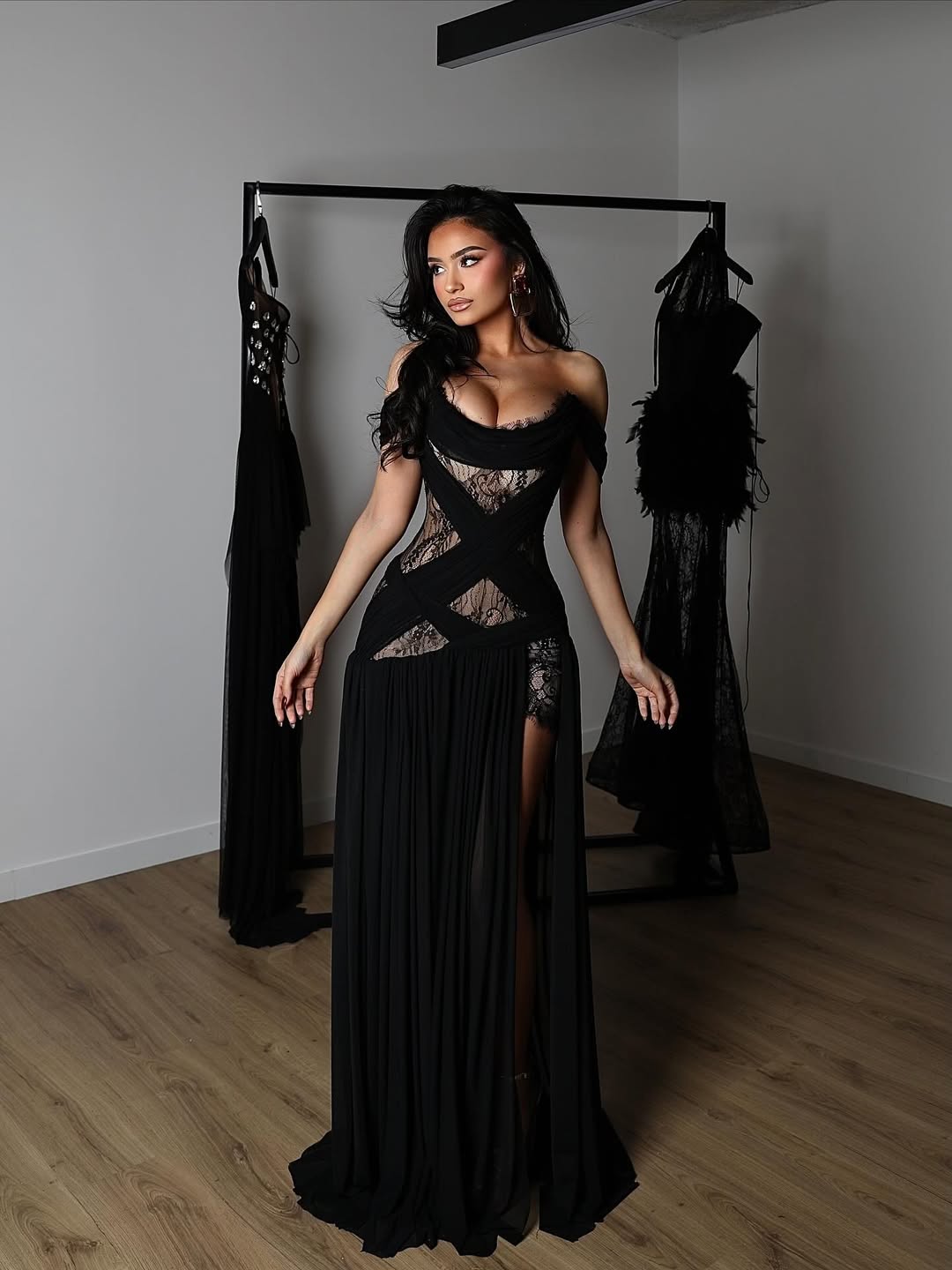Gorgeous Black Off-The-Shoulder Lace Split Pleated Prom Dress YK0723 Gorgeous Black Off-The-Shoulder Lace Split Pleated Prom Dress YK0723